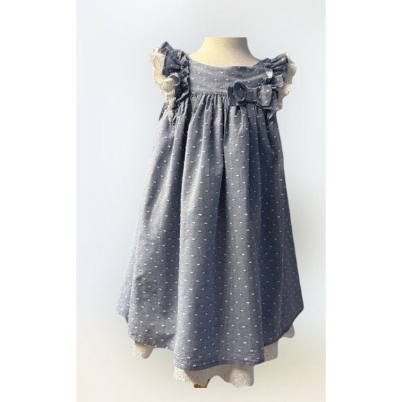 Blue Polka Dot Girls Dress Lace Trim Bow Ruffle Sleeves Classic VTG Inspired 4T - Picture 1 of 8